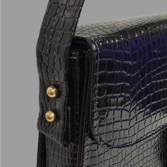 Vintage AIR STEP Black Patent Leather Croc Embossed Structured Shoulder Box Bag - Picture 6 of 13
